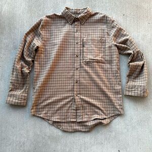 Drake Waterfowl Flannel Shirt Mens Medium Khaki Tan Plaid Twill Outdoors Button